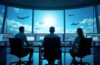 Ein hell erleuchtetes, modernes Kontrollzentrum der Luft- und Raumfahrt, in dem konzentrierte Ingenieure vor großen Monitorwänden mit Flug- und Satellitendaten arbeiten, ambientbeleuchtet von natürlichem Tageslicht, das Wärme und Zuversicht vermittelt, während im Hintergrund durch große Fenster ein strahlend blauer Himmel mit vorbeifliegenden Flugzeugen zu sehen ist.