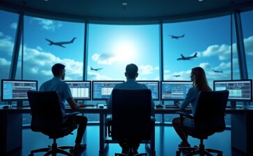 Ein hell erleuchtetes, modernes Kontrollzentrum der Luft- und Raumfahrt, in dem konzentrierte Ingenieure vor großen Monitorwänden mit Flug- und Satellitendaten arbeiten, ambientbeleuchtet von natürlichem Tageslicht, das Wärme und Zuversicht vermittelt, während im Hintergrund durch große Fenster ein strahlend blauer Himmel mit vorbeifliegenden Flugzeugen zu sehen ist.