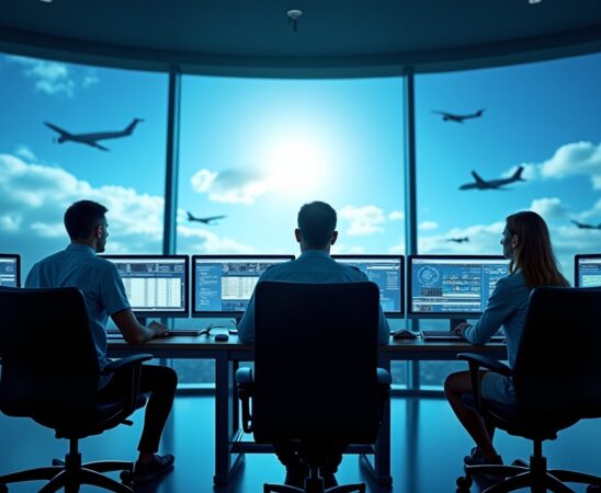 Ein hell erleuchtetes, modernes Kontrollzentrum der Luft- und Raumfahrt, in dem konzentrierte Ingenieure vor großen Monitorwänden mit Flug- und Satellitendaten arbeiten, ambientbeleuchtet von natürlichem Tageslicht, das Wärme und Zuversicht vermittelt, während im Hintergrund durch große Fenster ein strahlend blauer Himmel mit vorbeifliegenden Flugzeugen zu sehen ist.