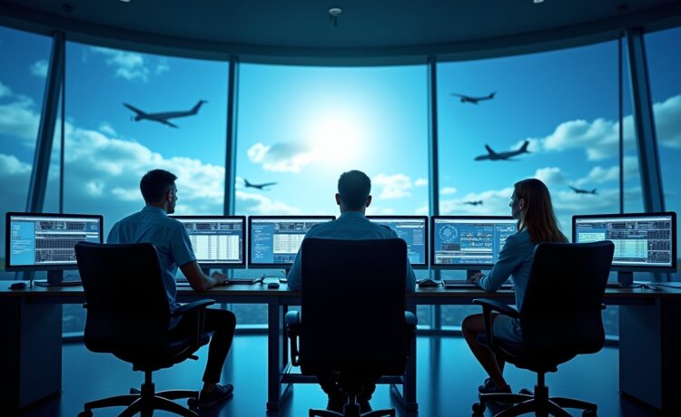 Ein hell erleuchtetes, modernes Kontrollzentrum der Luft- und Raumfahrt, in dem konzentrierte Ingenieure vor großen Monitorwänden mit Flug- und Satellitendaten arbeiten, ambientbeleuchtet von natürlichem Tageslicht, das Wärme und Zuversicht vermittelt, während im Hintergrund durch große Fenster ein strahlend blauer Himmel mit vorbeifliegenden Flugzeugen zu sehen ist.