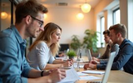 Ein strahlend helles, natürlich beleuchtetes Büroambiente, in dem eine diverse Gruppe von Menschen konzentriert an digitalen Dokumenten und Laptops arbeitet, deren Gesichtsausdrücke Vertrauen, Offenheit und fokussierte Zusammenarbeit ausstrahlen – ein atmosphärisches Porträt moderner, sicherheitsbewusster Verwaltung in warmen Farbtönen und mit authentischen Details.