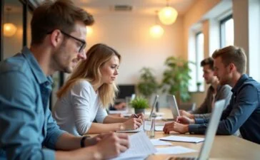 Ein strahlend helles, natürlich beleuchtetes Büroambiente, in dem eine diverse Gruppe von Menschen konzentriert an digitalen Dokumenten und Laptops arbeitet, deren Gesichtsausdrücke Vertrauen, Offenheit und fokussierte Zusammenarbeit ausstrahlen – ein atmosphärisches Porträt moderner, sicherheitsbewusster Verwaltung in warmen Farbtönen und mit authentischen Details.