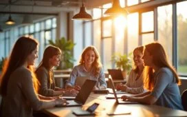Ein lichtdurchflutetes modernes Büro, in dem eine Gruppe junger Entwickler:innen mit entspanntem Lächeln an Laptops arbeitet, während natürliche Sonnenstrahlen sanft durch große Fenster fallen und eine warme, einladende Atmosphäre schaffen, die innovative KI-Technologie und kollaboratives Coden lebendig werden lässt.