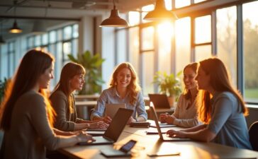 Ein lichtdurchflutetes modernes Büro, in dem eine Gruppe junger Entwickler:innen mit entspanntem Lächeln an Laptops arbeitet, während natürliche Sonnenstrahlen sanft durch große Fenster fallen und eine warme, einladende Atmosphäre schaffen, die innovative KI-Technologie und kollaboratives Coden lebendig werden lässt.