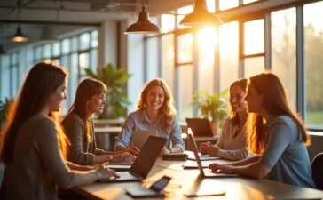Ein lichtdurchflutetes modernes Büro, in dem eine Gruppe junger Entwickler:innen mit entspanntem Lächeln an Laptops arbeitet, während natürliche Sonnenstrahlen sanft durch große Fenster fallen und eine warme, einladende Atmosphäre schaffen, die innovative KI-Technologie und kollaboratives Coden lebendig werden lässt.