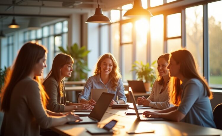 Ein lichtdurchflutetes modernes Büro, in dem eine Gruppe junger Entwickler:innen mit entspanntem Lächeln an Laptops arbeitet, während natürliche Sonnenstrahlen sanft durch große Fenster fallen und eine warme, einladende Atmosphäre schaffen, die innovative KI-Technologie und kollaboratives Coden lebendig werden lässt.