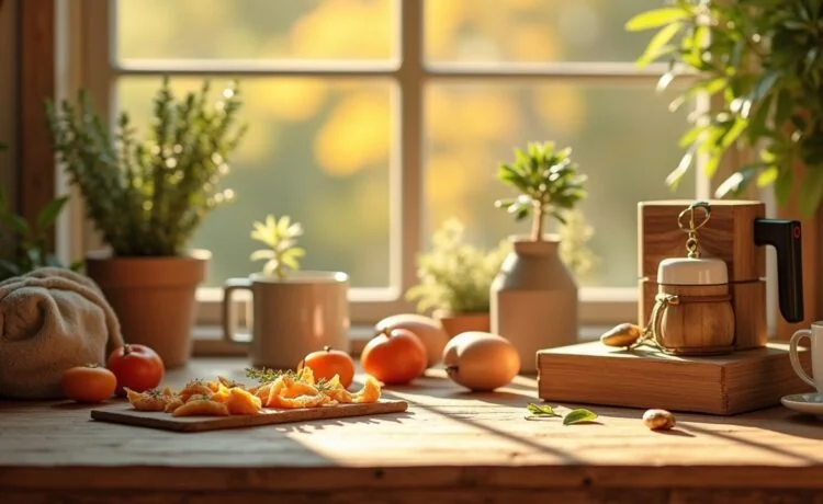 Ein sonnendurchflutetes, warmes Setting zeigt liebevoll arrangierte Vintage-Handys der 90er und 2000er Jahre auf einem hellen Holztisch, umgeben von sanftem Tageslicht und modernen Technik-Accessoires, das harmonisch die Brücke zwischen nostalgischem Charme und digitaler Zukunft mit KI-Unterstützung schlägt.