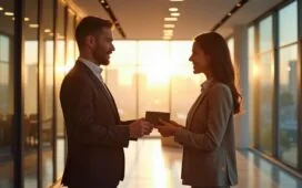 In einem hell erleuchteten, modern gestalteten Büro reichen sich zwei Geschäftspersonen in freundlicher Atmosphäre mit stilvoll designten, hochwertigen Visitenkarten die Hand, während sanftes Tageslicht durch große Fenster fällt und eine warme, einladende Stimmung schafft.