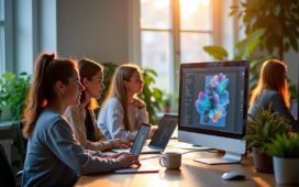 Ein modernes, hell erleuchtetes Büro mit einem Team aus Entwicklerinnen und Designern, die konzentriert an Laptops und großen Bildschirmen kreative Website-Layouts per Drag-and-Drop gestalten und gleichzeitig klassischen Code prüfen – die freundliche Atmosphäre strahlt den technologischen Wandel und die harmonische Verbindung von visuellem Page Building und traditionellem Webdesign aus.