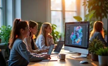 Ein modernes, hell erleuchtetes Büro mit einem Team aus Entwicklerinnen und Designern, die konzentriert an Laptops und großen Bildschirmen kreative Website-Layouts per Drag-and-Drop gestalten und gleichzeitig klassischen Code prüfen – die freundliche Atmosphäre strahlt den technologischen Wandel und die harmonische Verbindung von visuellem Page Building und traditionellem Webdesign aus.