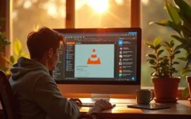 Ein lebendiges Editorial-Foto in hellem Tageslicht zeigt einen entspannten jungen Menschen vor einem modernen Windows-Desktop mit dem klar erkennbaren VLC Media Player in elegantem, neuem Design auf dem Bildschirm, umgeben von warmen Holztönen und frischen Pflanzen, das ein Gefühl von Innovation, Benutzerfreundlichkeit und digitalem Fortschritt ausstrahlt.