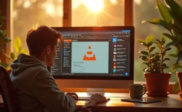 Ein lebendiges Editorial-Foto in hellem Tageslicht zeigt einen entspannten jungen Menschen vor einem modernen Windows-Desktop mit dem klar erkennbaren VLC Media Player in elegantem, neuem Design auf dem Bildschirm, umgeben von warmen Holztönen und frischen Pflanzen, das ein Gefühl von Innovation, Benutzerfreundlichkeit und digitalem Fortschritt ausstrahlt.