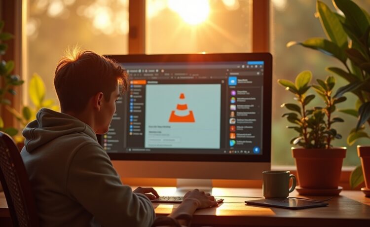 Ein lebendiges Editorial-Foto in hellem Tageslicht zeigt einen entspannten jungen Menschen vor einem modernen Windows-Desktop mit dem klar erkennbaren VLC Media Player in elegantem, neuem Design auf dem Bildschirm, umgeben von warmen Holztönen und frischen Pflanzen, das ein Gefühl von Innovation, Benutzerfreundlichkeit und digitalem Fortschritt ausstrahlt.
