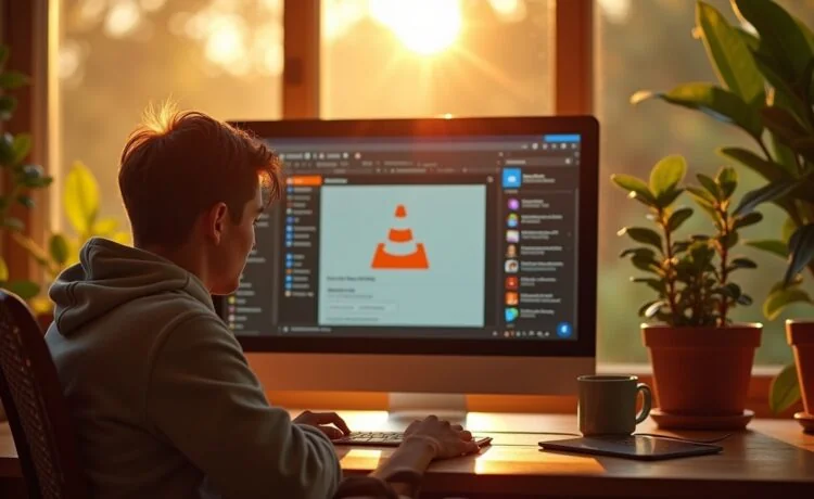 Ein lebendiges Editorial-Foto in hellem Tageslicht zeigt einen entspannten jungen Menschen vor einem modernen Windows-Desktop mit dem klar erkennbaren VLC Media Player in elegantem, neuem Design auf dem Bildschirm, umgeben von warmen Holztönen und frischen Pflanzen, das ein Gefühl von Innovation, Benutzerfreundlichkeit und digitalem Fortschritt ausstrahlt.