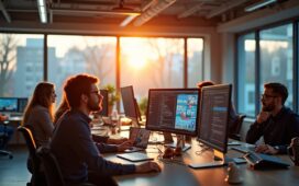 Ein hell erleuchtetes, modernes Büro mit freundlicher Atmosphäre, in dem ein vielfältiges Team engagiert vor großen Bildschirmen sitzt, die KI-Daten und kreative Diagramme anzeigen, während warmes Tageslicht durch große Fenster fällt und den technologischen Wandel voller Zuversicht und Innovation widerspiegelt.