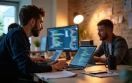 Ein lebendiges Porträt eines motivierten Gründerteams in einem modernen, lichtdurchfluteten Büro, das voller technischer Skizzen und Laptop-Bildschirme mit Codeentwicklung die spannende Energie eines KI-gestützten Startups ausstrahlt, eingefangen in warmem, natürlichem Licht und mit authentischer, konzentrierter Mimik.