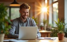 Ein sonnendurchflutetes, modernes Büro mit einem lächelnden jungen Profi, der konzentriert an einem Laptop mit offenem Dokument arbeitet, umgeben von warmem Holz, grünen Pflanzen und sanfter natürlicher Beleuchtung, die eine einladende Atmosphäre digitaler Zusammenarbeit zwischen Mensch und KI widerspiegelt.