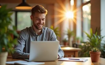 Ein sonnendurchflutetes, modernes Büro mit einem lächelnden jungen Profi, der konzentriert an einem Laptop mit offenem Dokument arbeitet, umgeben von warmem Holz, grünen Pflanzen und sanfter natürlicher Beleuchtung, die eine einladende Atmosphäre digitaler Zusammenarbeit zwischen Mensch und KI widerspiegelt.