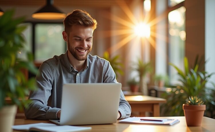 Ein sonnendurchflutetes, modernes Büro mit einem lächelnden jungen Profi, der konzentriert an einem Laptop mit offenem Dokument arbeitet, umgeben von warmem Holz, grünen Pflanzen und sanfter natürlicher Beleuchtung, die eine einladende Atmosphäre digitaler Zusammenarbeit zwischen Mensch und KI widerspiegelt.