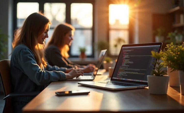 Ein heller, modern eingerichteter Arbeitsplatz mit einem aufgeschlagenen Laptop, auf dessen Bildschirm ein klar strukturierter Programmiercode in Rust zu sehen ist, umgeben von entspannt lächelnden Entwickler*innen in natürlichem Tageslicht, die in warmen Farbtönen eine positive Atmosphäre des Innovationswandels in der Softwareentwicklung ausstrahlen.