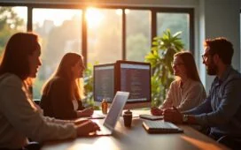 Ein lichtdurchflutetes, modernes Büro mit einem lächelnden Kreativteam in lebhaftem Austausch vor mehreren Bildschirmen, die strategische Webdesign- und Content-Planungen zeigen, dabei vermitteln warme Farbtöne und natürliche Sonnenstrahlen eine einladende Atmosphäre voller Tatendrang und digitaler Innovation.