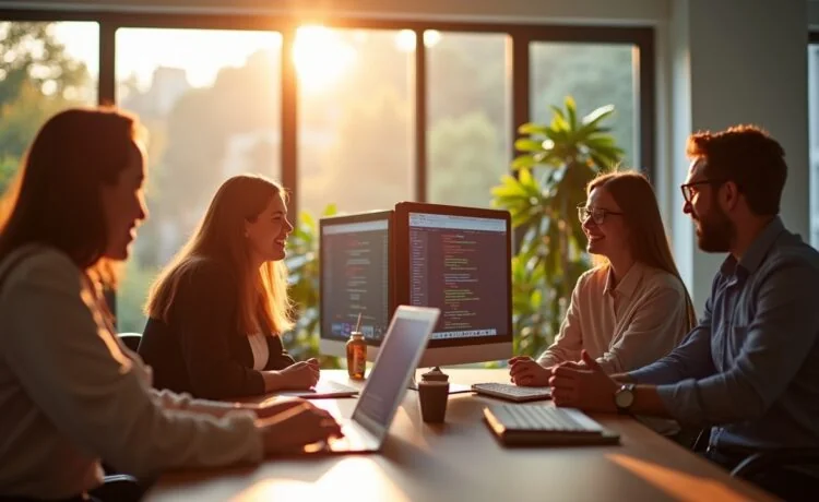 Ein lichtdurchflutetes, modernes Büro mit einem lächelnden Kreativteam in lebhaftem Austausch vor mehreren Bildschirmen, die strategische Webdesign- und Content-Planungen zeigen, dabei vermitteln warme Farbtöne und natürliche Sonnenstrahlen eine einladende Atmosphäre voller Tatendrang und digitaler Innovation.