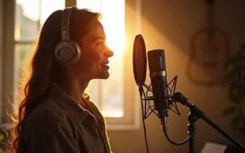 Eine lebendige Studioaufnahme einer jungen Synchronsprecherin mit Kopfhörern vor einem hochwertigen Mikrofon, sanftes Tageslicht durch ein großes Fenster fängt die konzentrierte und zugleich emotionale Atmosphäre des kreativen Aufnahmeprozesses ein, umrahmt von warmen Holztönen und detailreichen technischen Geräten, die das Spannungsfeld zwischen menschlicher Kunst und moderner KI-Technologie subtil widerspiegeln.