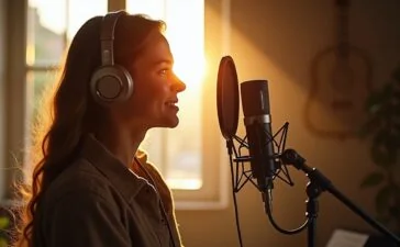 Eine lebendige Studioaufnahme einer jungen Synchronsprecherin mit Kopfhörern vor einem hochwertigen Mikrofon, sanftes Tageslicht durch ein großes Fenster fängt die konzentrierte und zugleich emotionale Atmosphäre des kreativen Aufnahmeprozesses ein, umrahmt von warmen Holztönen und detailreichen technischen Geräten, die das Spannungsfeld zwischen menschlicher Kunst und moderner KI-Technologie subtil widerspiegeln.