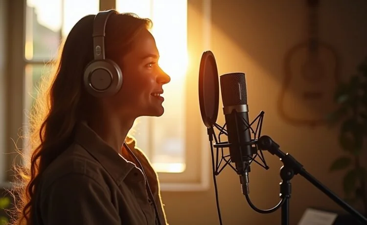 Eine lebendige Studioaufnahme einer jungen Synchronsprecherin mit Kopfhörern vor einem hochwertigen Mikrofon, sanftes Tageslicht durch ein großes Fenster fängt die konzentrierte und zugleich emotionale Atmosphäre des kreativen Aufnahmeprozesses ein, umrahmt von warmen Holztönen und detailreichen technischen Geräten, die das Spannungsfeld zwischen menschlicher Kunst und moderner KI-Technologie subtil widerspiegeln.