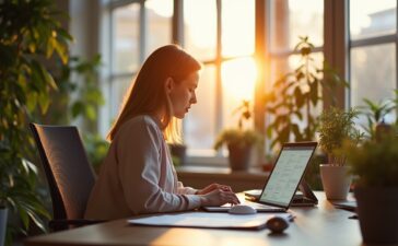 Ein hell erleuchtetes, modernes Büro mit warmem Tageslicht, in dem eine nachdenkliche Person mit Laptop konzentriert an klar strukturierten Dokumenten arbeitet, umgeben von Pflanzen und minimalistischer Büroeinrichtung, die eine Atmosphäre von digitaler Innovation und strategischem Fokus aufzeigt.