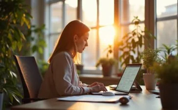 Ein hell erleuchtetes, modernes Büro mit warmem Tageslicht, in dem eine nachdenkliche Person mit Laptop konzentriert an klar strukturierten Dokumenten arbeitet, umgeben von Pflanzen und minimalistischer Büroeinrichtung, die eine Atmosphäre von digitaler Innovation und strategischem Fokus aufzeigt.