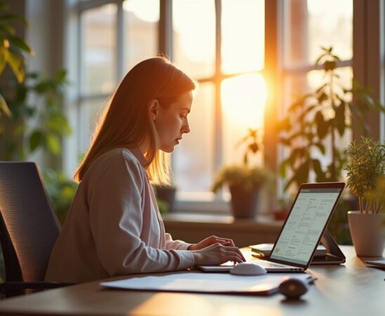 Ein hell erleuchtetes, modernes Büro mit warmem Tageslicht, in dem eine nachdenkliche Person mit Laptop konzentriert an klar strukturierten Dokumenten arbeitet, umgeben von Pflanzen und minimalistischer Büroeinrichtung, die eine Atmosphäre von digitaler Innovation und strategischem Fokus aufzeigt.