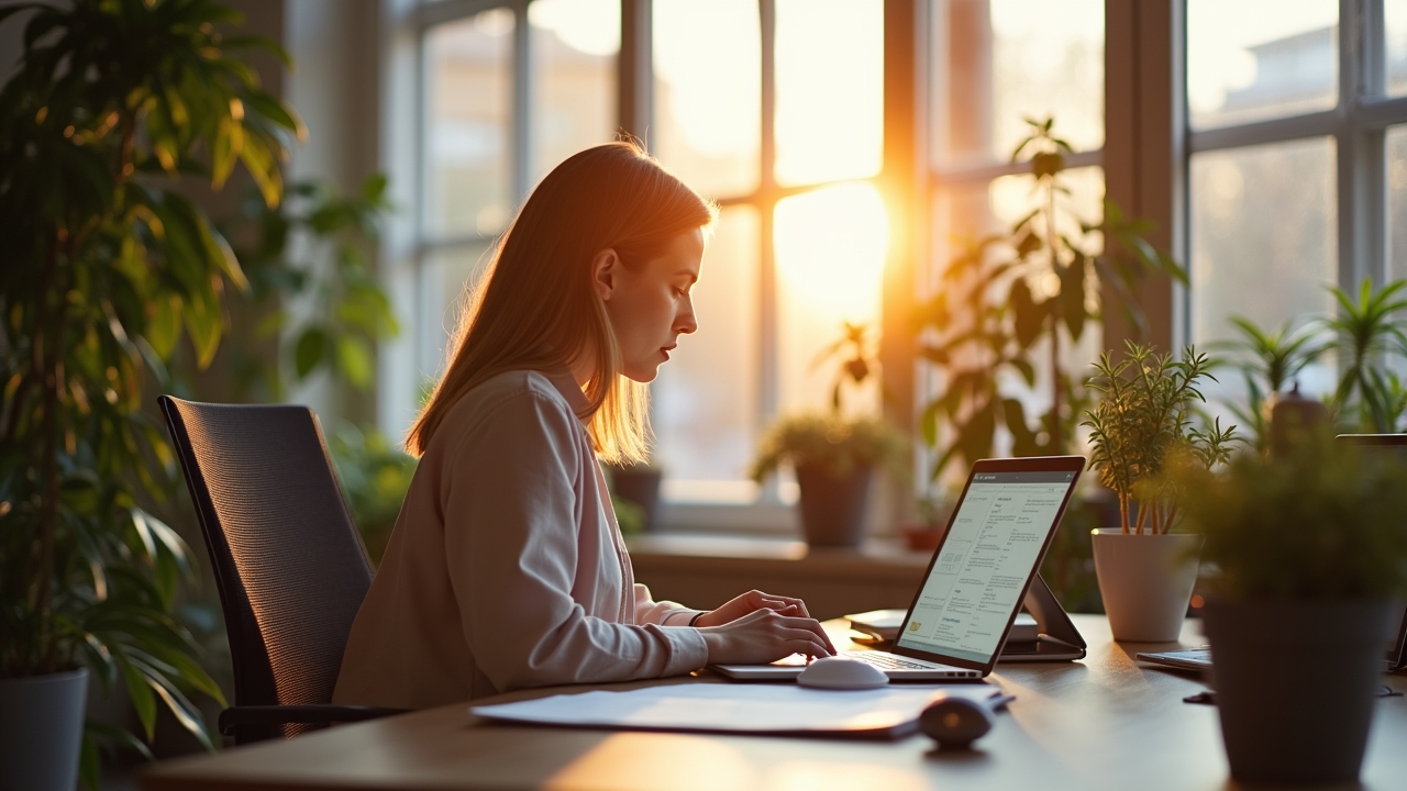 Ein hell erleuchtetes, modernes Büro mit warmem Tageslicht, in dem eine nachdenkliche Person mit Laptop konzentriert an klar strukturierten Dokumenten arbeitet, umgeben von Pflanzen und minimalistischer Büroeinrichtung, die eine Atmosphäre von digitaler Innovation und strategischem Fokus aufzeigt.
