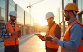 Ein klar beleuchtetes, modernes Baustellenszenario bei Tageslicht, in dem motivierte Ingenieure und Techniker mit Tablets und Helmen vor modularen, hochwertig vorgefertigten Rechenzentrums-Komponenten stehen, umgeben von warmen Sonnenstrahlen und einer Atmosphäre des Fortschritts und der Teamarbeit.