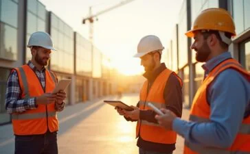 Ein klar beleuchtetes, modernes Baustellenszenario bei Tageslicht, in dem motivierte Ingenieure und Techniker mit Tablets und Helmen vor modularen, hochwertig vorgefertigten Rechenzentrums-Komponenten stehen, umgeben von warmen Sonnenstrahlen und einer Atmosphäre des Fortschritts und der Teamarbeit.