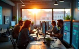 Ein hell erleuchteter, moderner Arbeitsplatz mit freundlichen Entwickler:innen, die konzentriert und im Team eine komplexe Softwarearchitektur an großen Bildschirmen mit Code und Diagrammen besprechen, eingebettet in warmes Tageslicht und eine einladende, produktive Atmosphäre.