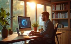 Ein modernes Tech-Büro bei Tageslicht, in dem ein entspannter Entwickler konzentriert vor einem Bildschirm mit komplexen Grafiken sitzt, umgeben von warmem Sonnenlicht und dezentem, natürlichem Holzmobiliar, das eine Atmosphäre von Innovation und verantwortungsvollem Umgang mit KI vermittelt.