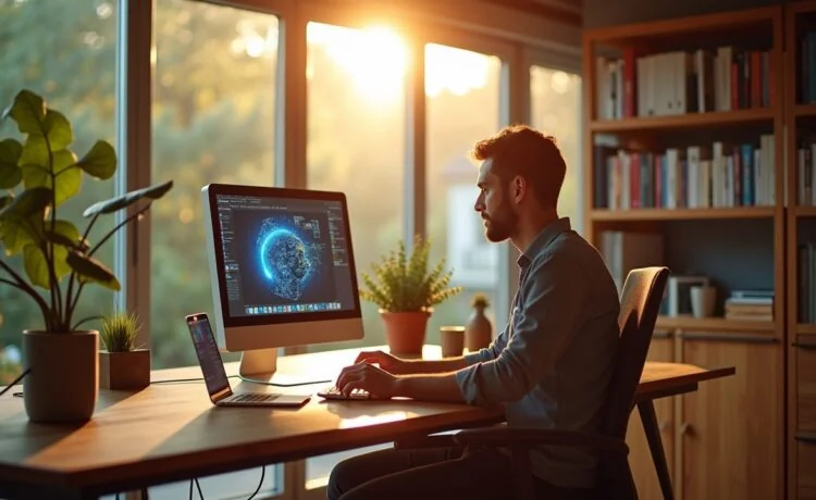 Ein modernes Tech-Büro bei Tageslicht, in dem ein entspannter Entwickler konzentriert vor einem Bildschirm mit komplexen Grafiken sitzt, umgeben von warmem Sonnenlicht und dezentem, natürlichem Holzmobiliar, das eine Atmosphäre von Innovation und verantwortungsvollem Umgang mit KI vermittelt.