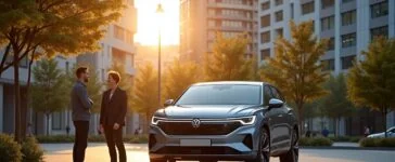 Ein strahlend sonnendurchfluteter urbaner Parkplatz zeigt ein elegant designetes, vollelektrisches SUV-Coupé mit markanter LED-Lichtsignatur, im Vordergrund zwei lächelnde Ingenieure unterschiedlicher Herkunft im entspannten Gespräch, während moderne Glasfassaden im Hintergrund die innovative Allianz zwischen Volkswagen und XPeng symbolisieren.