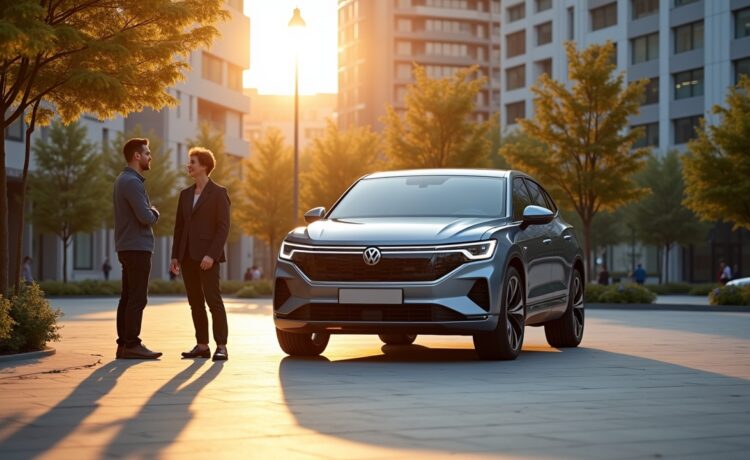 Ein strahlend sonnendurchfluteter urbaner Parkplatz zeigt ein elegant designetes, vollelektrisches SUV-Coupé mit markanter LED-Lichtsignatur, im Vordergrund zwei lächelnde Ingenieure unterschiedlicher Herkunft im entspannten Gespräch, während moderne Glasfassaden im Hintergrund die innovative Allianz zwischen Volkswagen und XPeng symbolisieren.