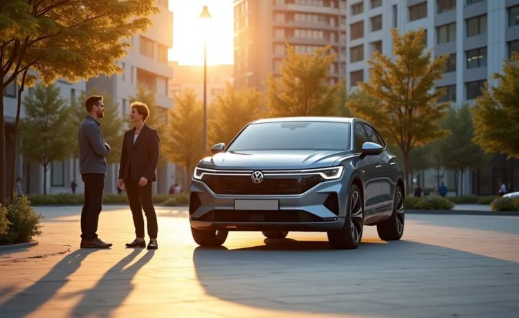 Ein strahlend sonnendurchfluteter urbaner Parkplatz zeigt ein elegant designetes, vollelektrisches SUV-Coupé mit markanter LED-Lichtsignatur, im Vordergrund zwei lächelnde Ingenieure unterschiedlicher Herkunft im entspannten Gespräch, während moderne Glasfassaden im Hintergrund die innovative Allianz zwischen Volkswagen und XPeng symbolisieren.