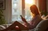 Eine vertraulich wirkende junge Frau sitzt mit einem warmen Lächeln an einem hell erleuchteten Fensterplatz und prüft entspannt auf ihrem Smartphone sicher ihre Onlinebanking-App, während natürliche Lichtstrahlen das moderne, einladende Ambiente einer urbanen Wohnung sanft durchfluten.