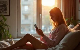 Eine vertraulich wirkende junge Frau sitzt mit einem warmen Lächeln an einem hell erleuchteten Fensterplatz und prüft entspannt auf ihrem Smartphone sicher ihre Onlinebanking-App, während natürliche Lichtstrahlen das moderne, einladende Ambiente einer urbanen Wohnung sanft durchfluten.