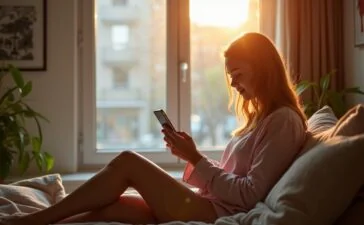 Eine vertraulich wirkende junge Frau sitzt mit einem warmen Lächeln an einem hell erleuchteten Fensterplatz und prüft entspannt auf ihrem Smartphone sicher ihre Onlinebanking-App, während natürliche Lichtstrahlen das moderne, einladende Ambiente einer urbanen Wohnung sanft durchfluten.