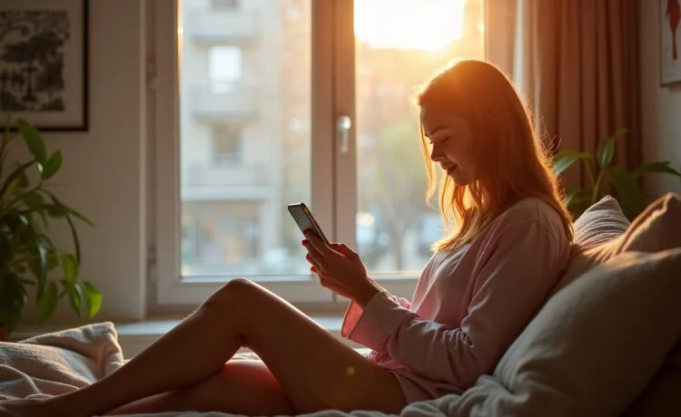 Eine vertraulich wirkende junge Frau sitzt mit einem warmen Lächeln an einem hell erleuchteten Fensterplatz und prüft entspannt auf ihrem Smartphone sicher ihre Onlinebanking-App, während natürliche Lichtstrahlen das moderne, einladende Ambiente einer urbanen Wohnung sanft durchfluten.