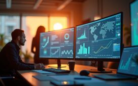 Ein warm beleuchtetes, modernes Büro mit einem nachdenklichen Forscher vor großen Bildschirmen, die schematische KI-Modelle und Datendiagramme zeigen, eingefangen in einem klaren, natürlichen Tageslicht, das eine hoffnungsvolle und zugleich reflektierende Stimmung vermittelt.
