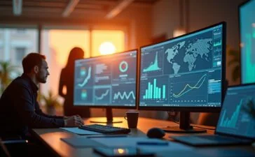 Ein warm beleuchtetes, modernes Büro mit einem nachdenklichen Forscher vor großen Bildschirmen, die schematische KI-Modelle und Datendiagramme zeigen, eingefangen in einem klaren, natürlichen Tageslicht, das eine hoffnungsvolle und zugleich reflektierende Stimmung vermittelt.