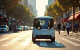 Ein sonnendurchfluteter Straßenzug in San Francisco zeigt ein modernes autonomes Waymo-Robotaxi, das auf einer leicht nassen Kreuzung steht, umgeben von regenfrisch glänzenden Asphaltflächen, während Passanten mit warmem Lächeln respektvoll vorbeigehen und die lebendige urbane Atmosphäre trotz der technologischen Herausforderungen eine hoffnungsvolle Stimmung verbreitet.