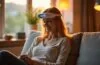 In einem warm erleuchteten, modernen Wohn- oder Arbeitsumfeld trägt eine sympathische junge Frau entspannt ein dezentes, futuristisches Stirnband-Mini-EEG, während sanftes Tageslicht durch große Fenster fällt und eine Atmosphäre von Ruhe, Achtsamkeit und technologischem Fortschritt vermittelt.