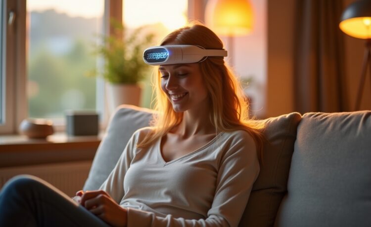 In einem warm erleuchteten, modernen Wohn- oder Arbeitsumfeld trägt eine sympathische junge Frau entspannt ein dezentes, futuristisches Stirnband-Mini-EEG, während sanftes Tageslicht durch große Fenster fällt und eine Atmosphäre von Ruhe, Achtsamkeit und technologischem Fortschritt vermittelt.
